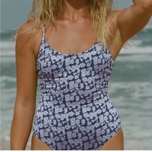 Andie Amalfi One Piece Swimsuit Floral Denim Blue size S NWOT